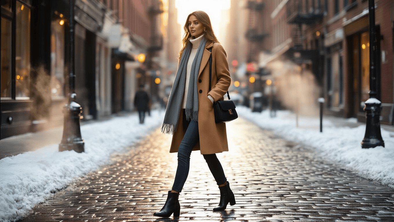 Stylish woman in a cream cashmere turtleneck and camel wool overcoat walking on a wet cobblestone street in SoHo during golden hour, with snow dusting fire escapes and steam rising from manholes, warm sunlight casting shadows on the pavement.