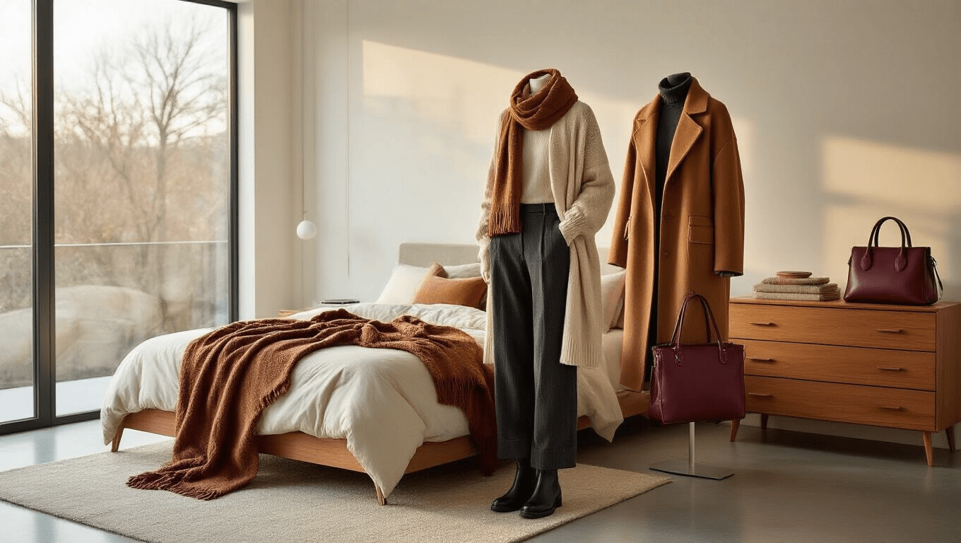 Professional fashion photography of a minimalist bedroom featuring winter 2026 layered outfits, including a camel wool coat, cream cardigan, and charcoal trousers, arranged on a modern platform bed with soft golden hour lighting and rich textile textures.