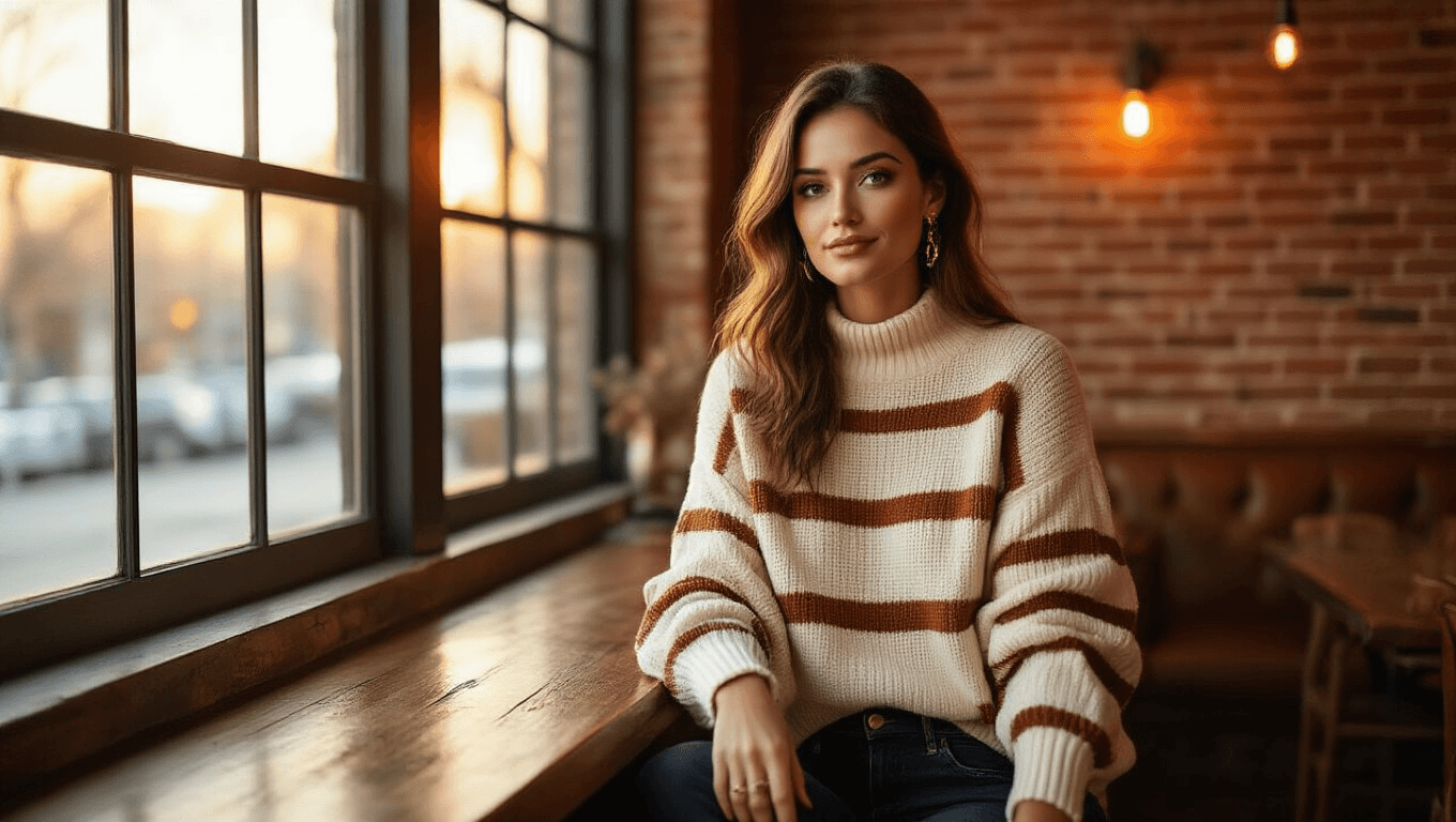Stylish woman in cream striped sweater and dark skinny jeans at a cozy urban wine bar during golden hour, with warm light filtering through large windows and casting shadows on exposed brick walls. She wears cognac leather penny loafers and gold jewelry, creating an intimate and sophisticated atmosphere.