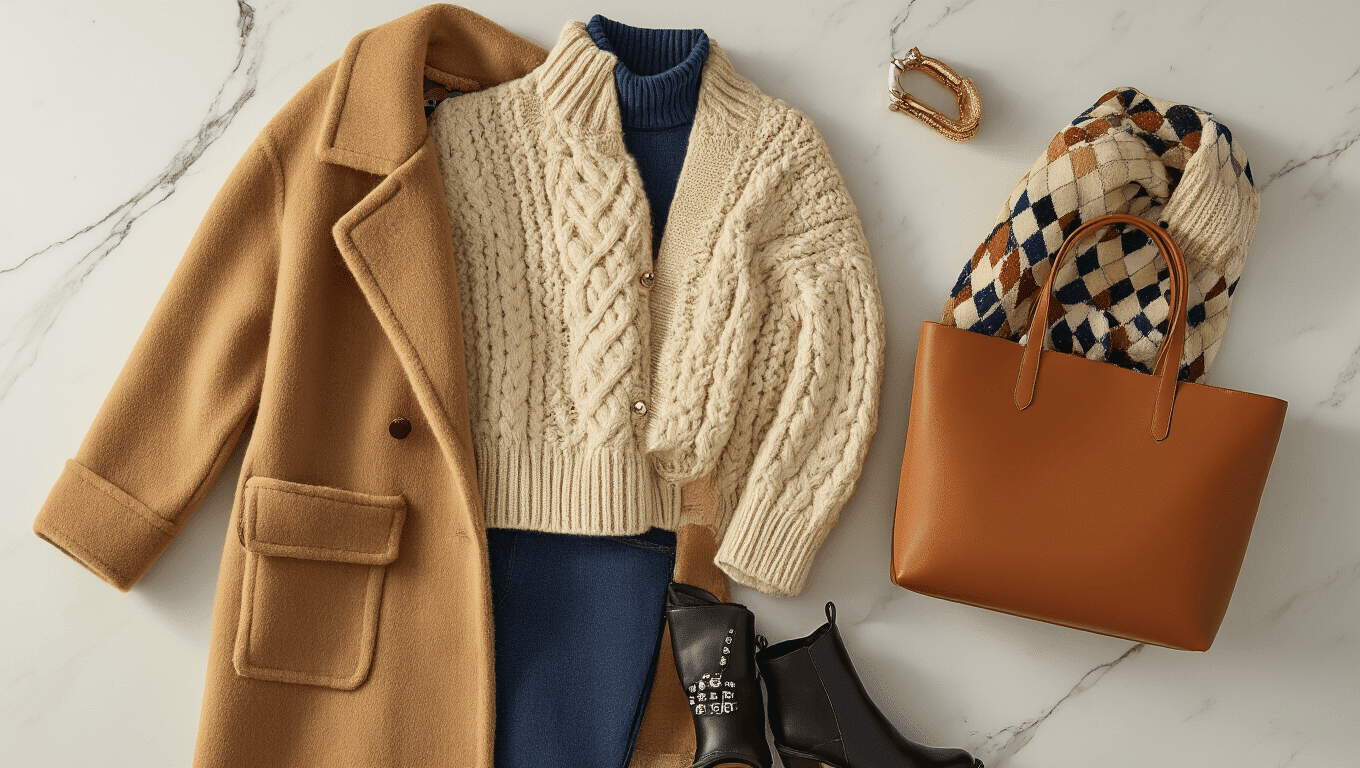 A flatlay featuring a sophisticated winter outfit with a camel wool coat, cream cable-knit sweater, dusty blue turtleneck, dark denim, studded black leather boots, and a cognac leather tote, captured in warm golden hour lighting on a white marble surface.