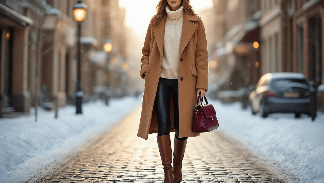 A confident woman wearing an oversized camel wool coat and knee-high chocolate brown boots walks on a snowy cobblestone street at golden hour, with a cream cashmere turtleneck and black leather leggings, complemented by a burgundy handbag; soft winter sunlight creates a warm glow, enhancing the cozy atmosphere among delicate snowflakes and illuminated street lamps.