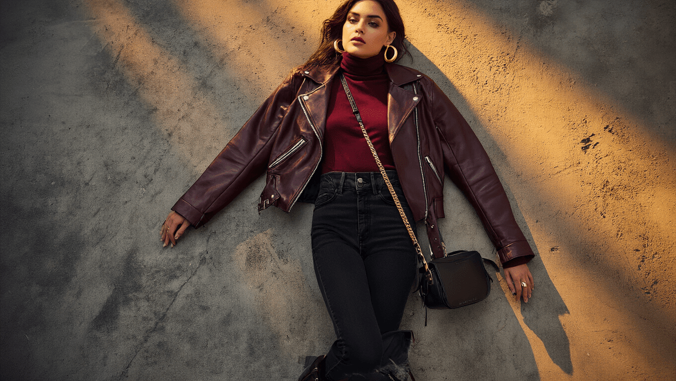 A flat lay of a winter concert outfit featuring high-waisted black jeans, a burgundy fitted turtleneck, a cropped leather moto jacket, combat boots, gold hoop earrings, and a crossbody bag, set on a weathered concrete surface with golden hour lighting, dramatic shadows, and blurred concert venue neon lights in the background.