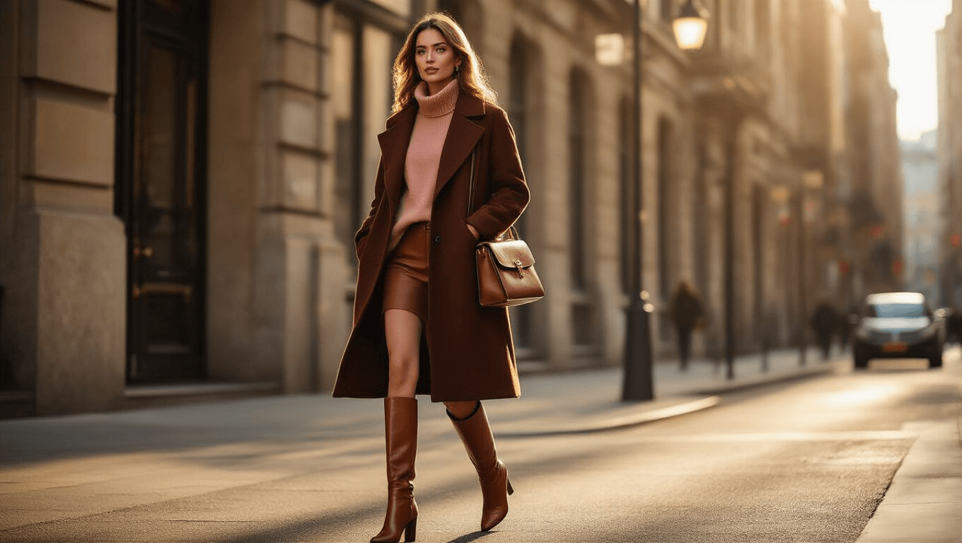 A confident woman in a chocolate brown wool coat and blush pink cashmere sweater walks on a sunlit urban street, accessorized with cognac leather knee-high boots and a structured handbag, as warm amber sunlight highlights the luxurious textures around her.