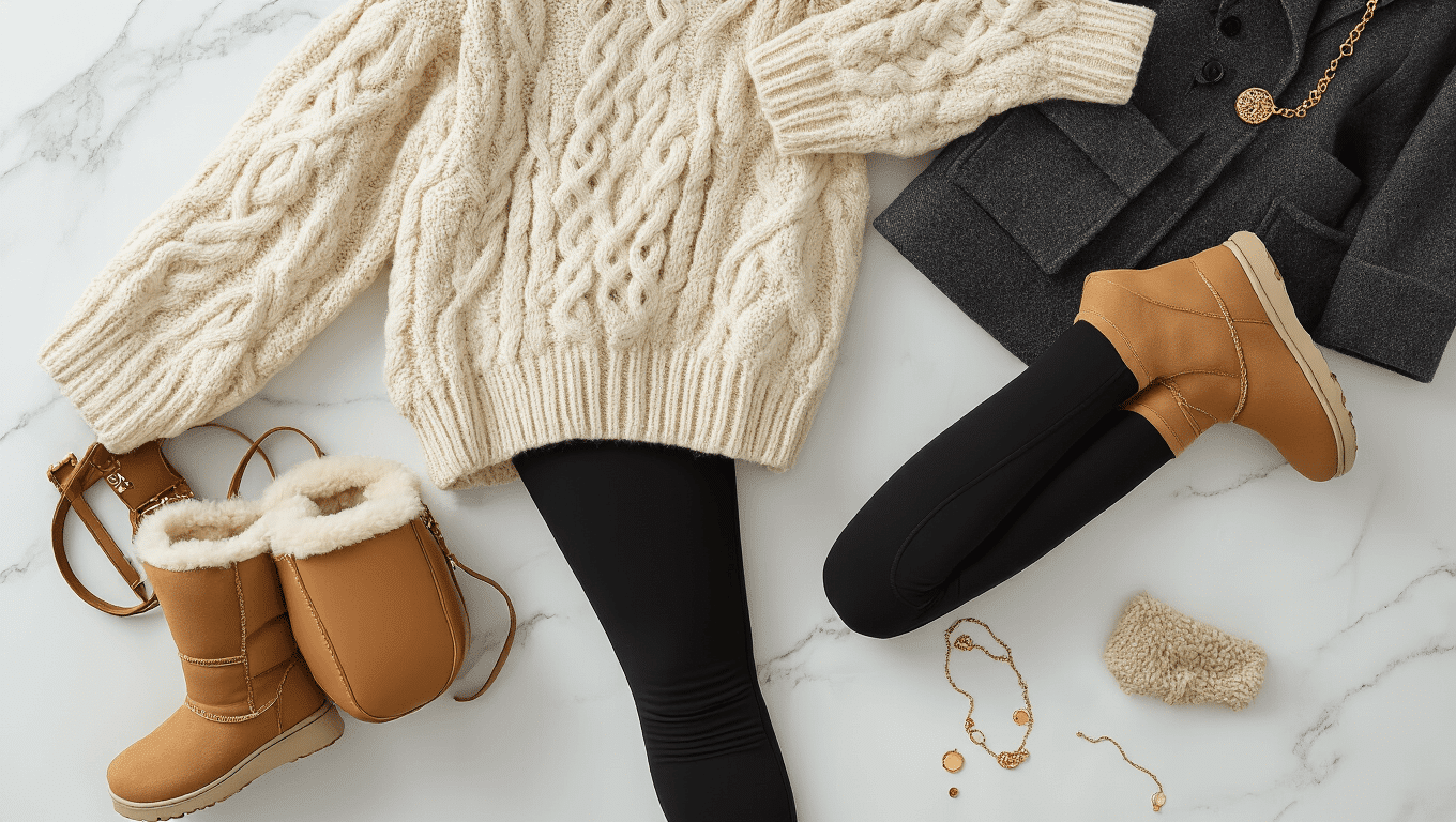 Cinematic overhead flatlay of a winter outfit featuring black fleece-lined leggings, an oversized cream cable-knit sweater, a charcoal wool duffle coat, tan UGG boots, a cognac leather crossbody bag, and delicate gold jewelry, all set against a white marble surface with soft natural lighting highlighting the cozy textures and warm tones.