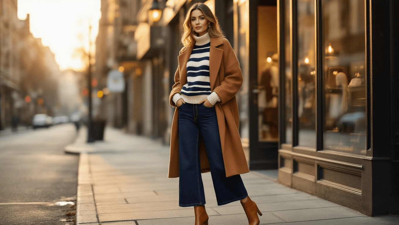 Elegant woman in a navy-cream striped cashmere sweater and dark indigo wide-leg jeans, draped in a camel wool coat, standing in golden hour light on an urban street corner, showcasing chic winter street style with rich textures and warm tones.