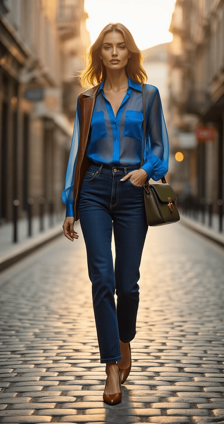 A confident woman strides down a chic urban cobblestone street during golden hour, wearing an electric Klein blue sheer silk blouse, high-waisted dark indigo tailored denim, and chocolate brown leather ballet flats, with a structured olive green leather crossbody bag and a cropped chocolate brown leather jacket draped over her shoulders. The warm sunlight highlights the silk's translucency, while minimal gold jewelry glimmers as she passes modern boutique windows.