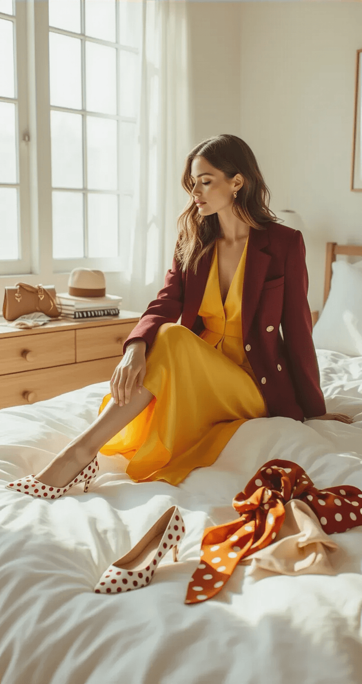 A woman wearing a sunny yellow silk midi dress and a burgundy wool blazer tries on polka-dot pumps at the edge of a white linen-dressed bed in a bright, minimalist bedroom flooded with soft morning light. Warm white walls and natural wood accents complement the scene, which features a white oak dresser adorned with accessories like silk bandanas, delicate gold jewelry, and a structured handbag, all captured from a low angle.