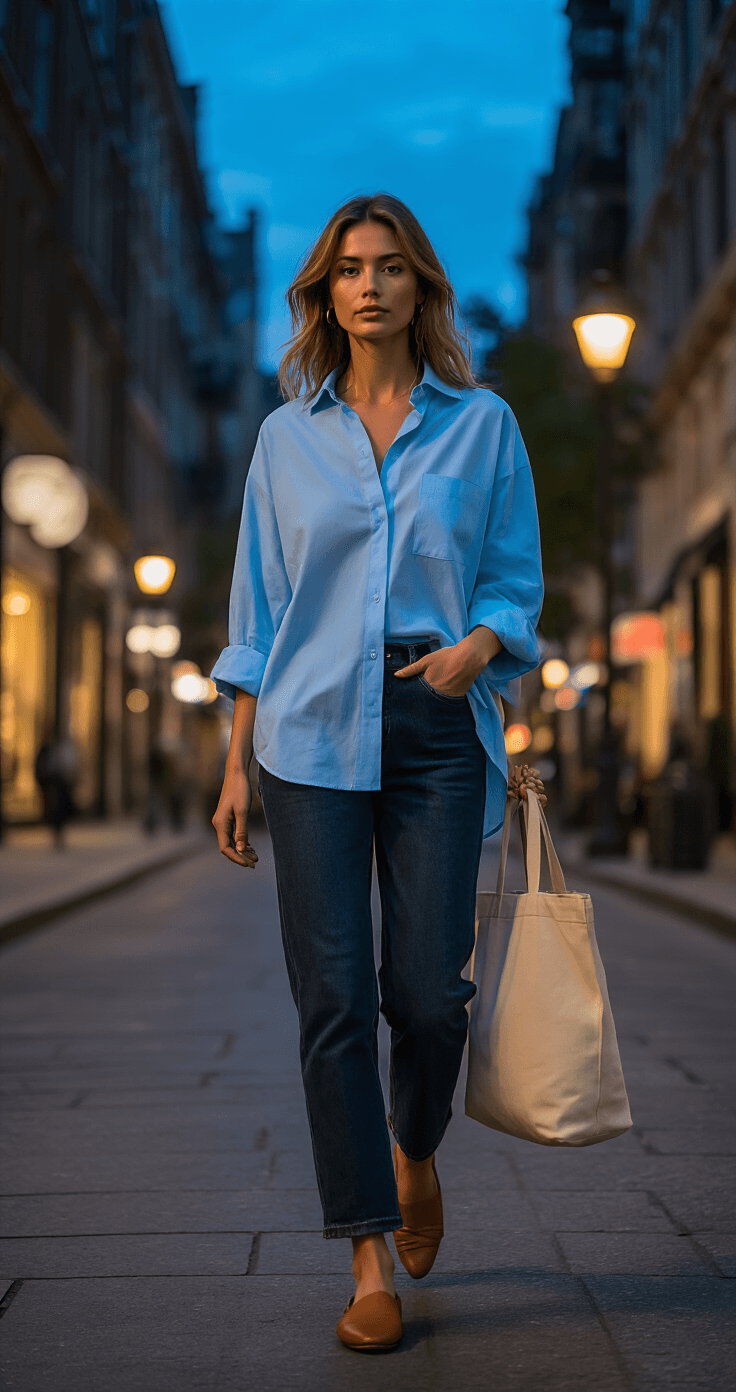 A woman confidently walks on a city avenue at blue hour, wearing a baby blue oversized shirt tucked into dark wash straight-leg denim, paired with cognac brown woven leather flats and carrying a structured canvas tote bag, with warm streetlamp light contrasting the cool evening sky and an urban backdrop.