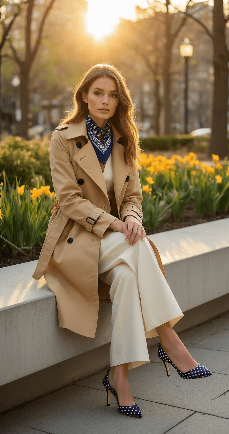 A woman wearing a camel beige cropped trench coat styled as a mini dress over cream wide-leg pants sits on a modern concrete bench in a trendy park during golden hour, adjusting a navy silk bandana around her neck. The warm light highlights her outfit against a backdrop of fresh spring flowers and green foliage, evoking a Carolyn Bessette-Kennedy inspired aesthetic.