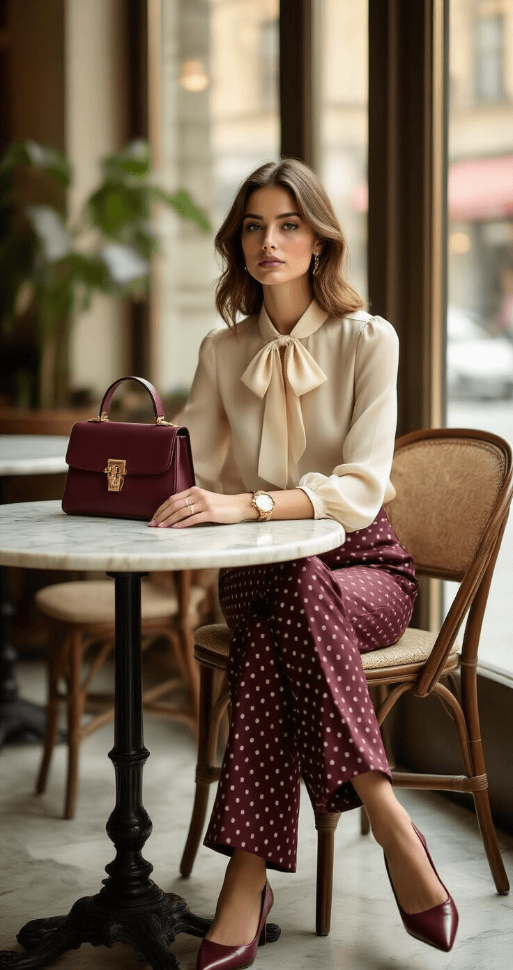 Elegant fashion portrait of a woman in a chic coffee shop, wearing a cream silk blouse with bow details and polka-dot wide-leg trousers. She sits at a marble table with burgundy leather flats, a taupe handbag, tortoiseshell sunglasses, and a gold watch, all illuminated by soft afternoon light.