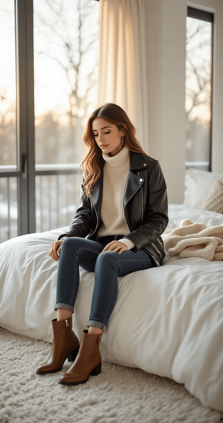 A young woman styles a classic winter outfit in her modern bedroom during golden hour, with soft light illuminating dark-wash jeans, a cream turtleneck, and a black faux leather jacket on a minimalist white bed. Gold jewelry and brown ankle boots are also featured.
