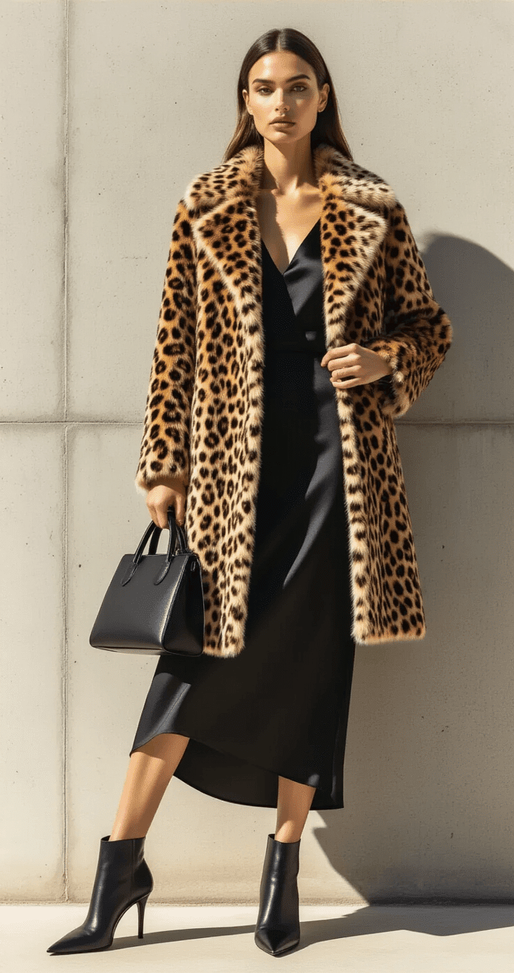 A confident woman poses against a minimalist concrete wall, wearing a leopard-print wool coat over a black silk slip dress, accessorized with a sleek black leather handbag and classic black ankle boots, illuminated by bright natural light that highlights the textures of her outfit.