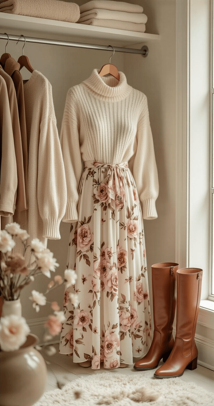 A bright, airy walk-in closet styled with a romantic floral midi dress, a cream cashmere sweater, and cognac leather knee-high boots, illuminated by soft morning light through frosted glass, showcasing luxurious textures and a thoughtful color coordination.
