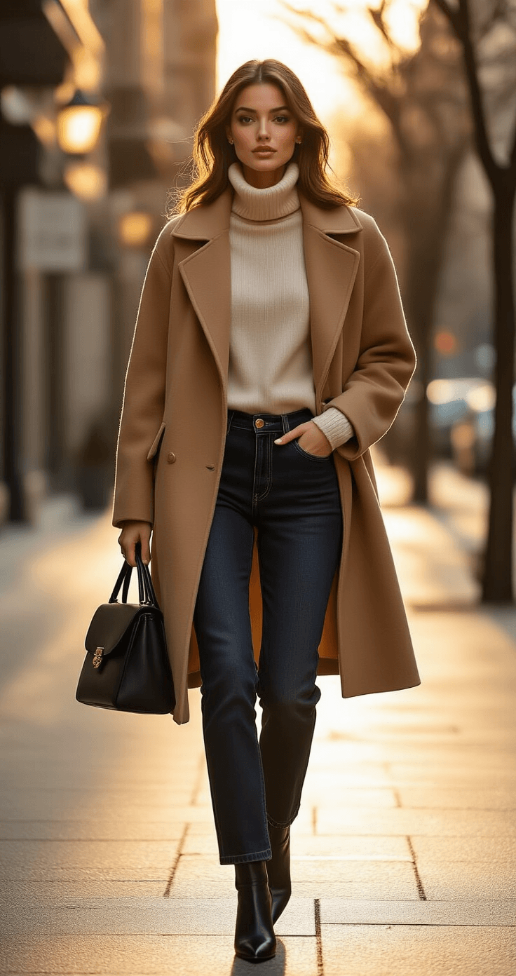 A model confidently walks on an urban street corner at golden hour, wearing dark straight-leg jeans, a cream cashmere turtleneck, and a luxurious camel wool coat. Black pointed-toe ankle boots click against wet pavement, and she carries a structured black leather crossbody bag. Warm light filters through bare winter trees, casting shadows on fallen leaves, with steam rising from a nearby coffee shop.