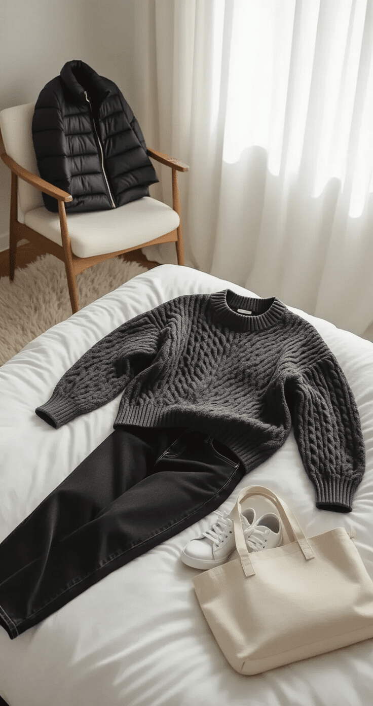 A cozy bedroom scene featuring a meticulously arranged outfit on a white duvet, including black baggy jeans, an oversized charcoal knit sweater, a cropped black puffer jacket on a wooden chair, white suede sneakers on a cream rug, and a canvas tote by the bedside table, illuminated by soft natural light.
