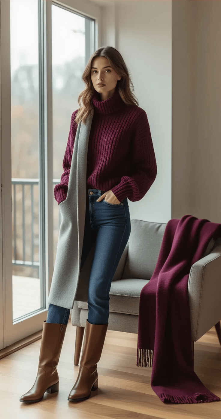A stylish living room with abundant natural light features a model in indigo straight-leg jeans and a burgundy chunky knit sweater, partially tucked in, alongside brown knee-high boots, a grey wool coat on a chair, and a plum wool scarf, all set against warm wood floors and contemporary furniture.