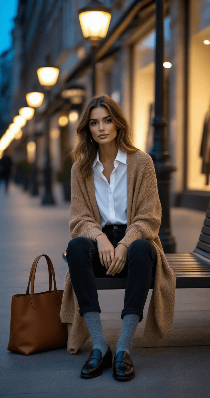 A stylish model in a trendy outdoor shopping district during blue hour, seated on a modern bench, wearing black jeans, a white button-down shirt, and a longline camel cardigan. She adjusts her black leather loafers paired with charcoal grey wool socks. A simple leather tote bag lies beside her, with warm light from streetlamps illuminating the texture of her cardigan and the blurred boutique windows in the background.