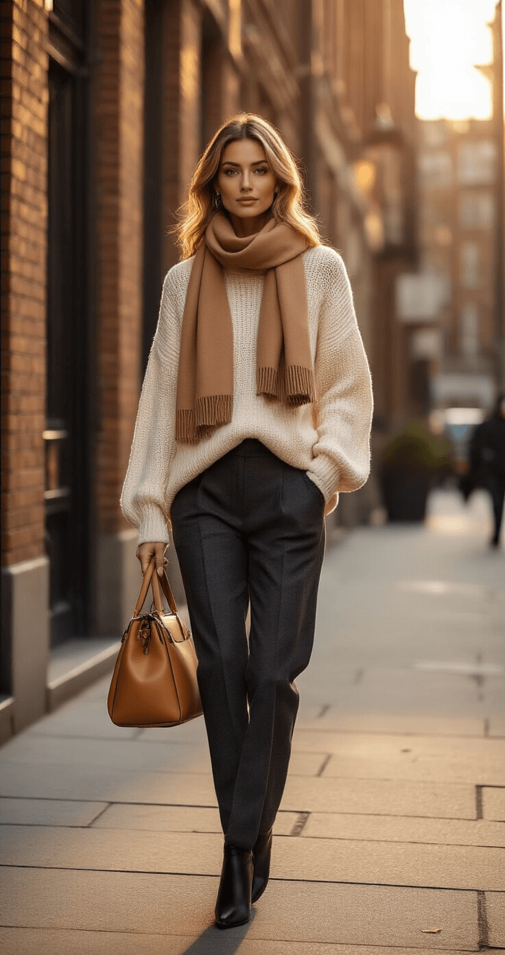 A stylish woman in a chunky cream knit sweater and charcoal trousers walks confidently on a chic urban corner during golden hour, with a structured tan leather handbag and a flowing camel scarf, framed by brick buildings and vintage lampposts.