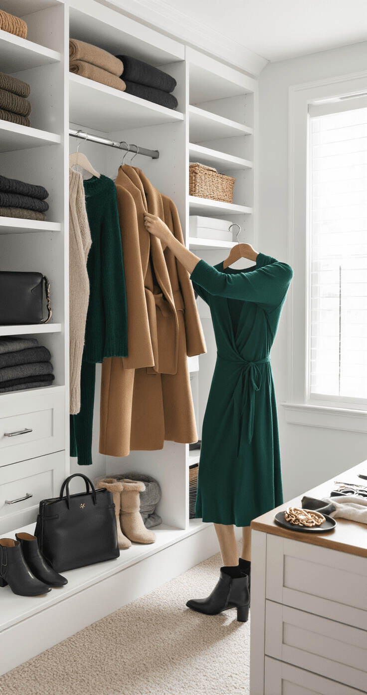 A woman in a bright, airy closet selects winter brunch outfit pieces, holding an emerald green midi dress with a structured wrap coat, fleece-lined tights, and black leather ankle boots nearby, amidst organized neutral and jewel-toned garments. Accessories like a chunky gold bracelet, a black leather handbag, and a cashmere scarf are arranged on a dresser, all bathed in soft natural light.