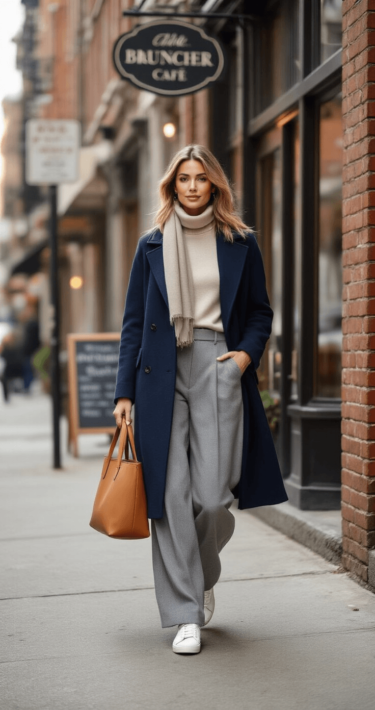 A confident woman in a layered outfit walks toward a brunch cafe on a trendy sidewalk, showcasing wide-leg grey wool trousers, a cream turtleneck, and a navy belted wool coat, complemented by white sneakers and a tan leather tote, with warm afternoon light illuminating the scene.