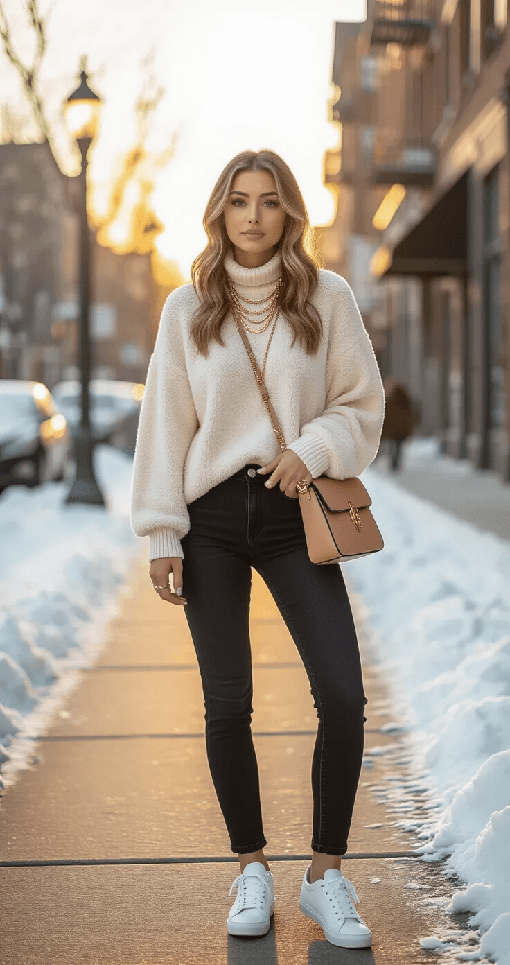 A confident 25-year-old woman stands on a snow-dusted urban sidewalk during golden hour, wearing an oversized cream fleece pullover, high-waisted black skinny jeans, and white leather sneakers. She adjusts her rose gold layered necklaces while a camel-colored crossbody bag rests against her hip, embodying a stylish blend of comfort and chic street style.