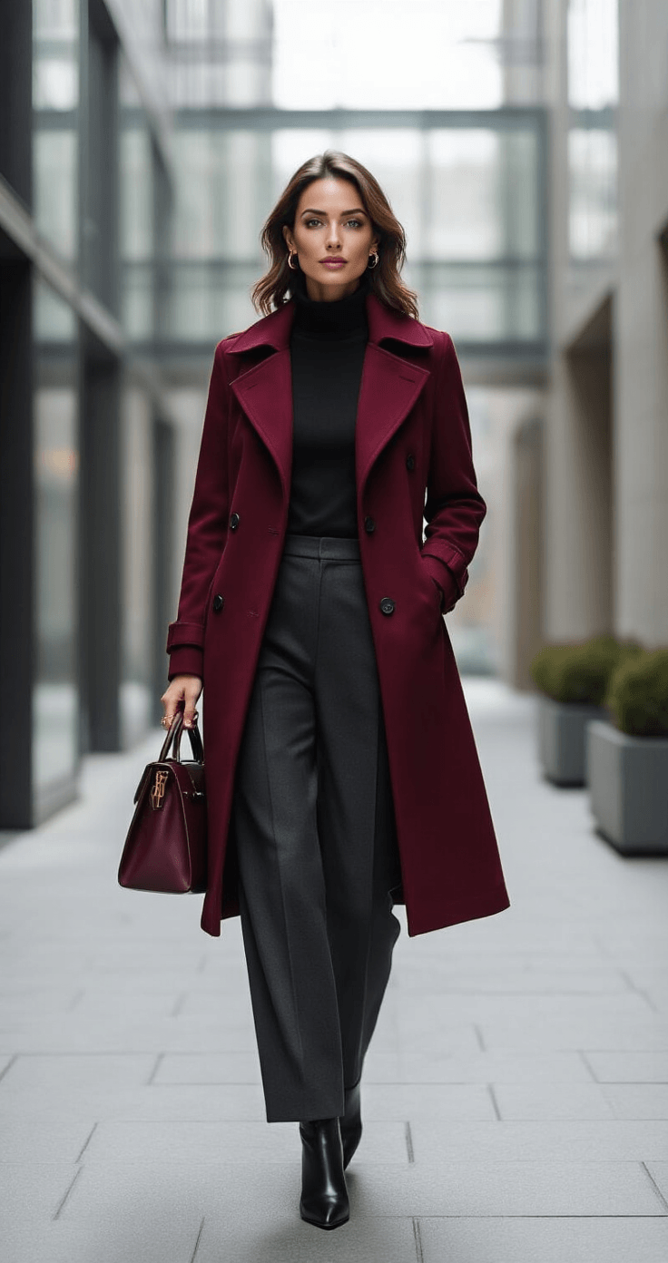 A sophisticated woman in a burgundy wool trench coat, black turtleneck, and charcoal wide-leg trousers walks through a minimalist urban courtyard, illuminated by soft midday winter light, accessorized with black leather ankle boots, delicate gold jewelry, and a matching burgundy handbag.