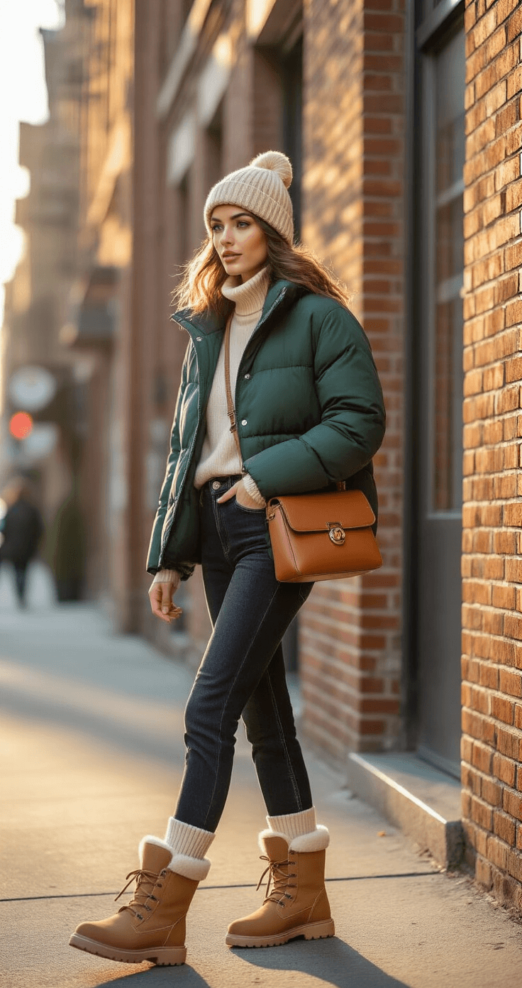 A confident woman in urban street style walks mid-stride on a chic corner, wearing black straight-leg jeans, sand-colored UGG boots, a cream turtleneck, and a deep forest green oversized puffer jacket. She has a matching cream chunky knit beanie and carries a cognac brown leather crossbody bag, with warm golden hour light casting dramatic shadows against exposed brick buildings.