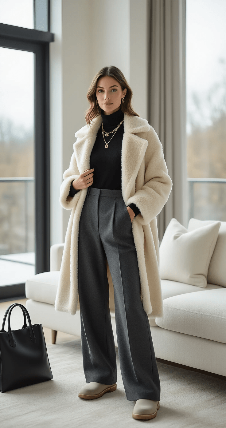 A woman in a minimalist living room stands by a modern sofa, styling charcoal wool wide-leg trousers with grey UGG boots and a cream faux shearling coat. Soft midday light highlights her outfit as she adjusts delicate gold necklaces, with a black structured leather handbag nearby, showcasing a sophisticated balance of polished tailoring and cozy comfort.