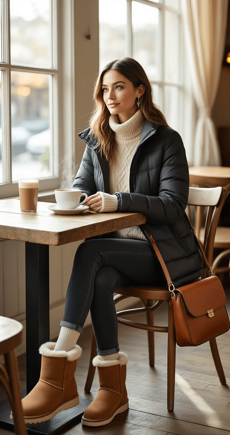 A woman in casual-chic attire sits at a rustic café table bathed in soft morning light, featuring a cream cable-knit turtleneck, dark wash skinny jeans, and chestnut mini UGG boots. A black puffer jacket hangs on her chair, with compression socks peeking out. Delicate gold jewelry glimmers next to a cognac leather crossbody bag and a steaming coffee cup, all set against warm wood textures and sheer curtains in an inviting brunch scene.