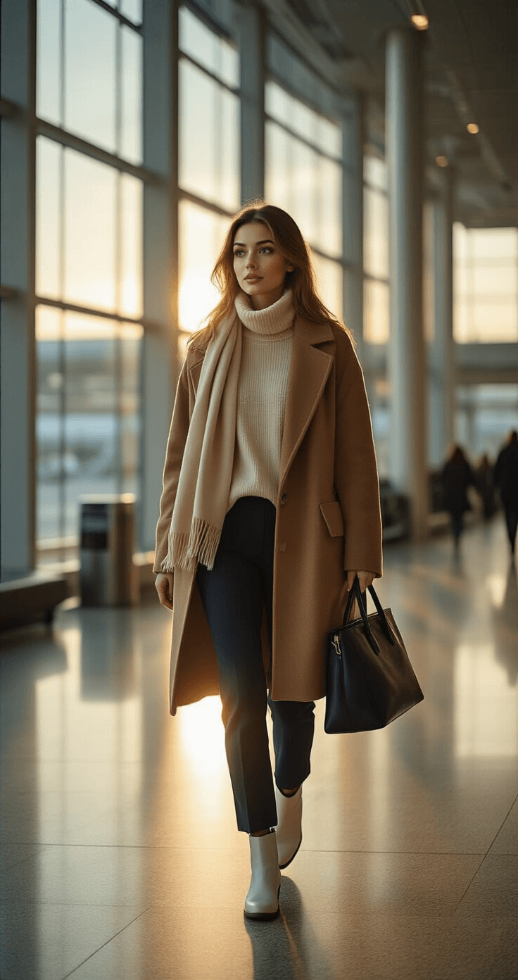 A young woman in a modern airport terminal during winter, dressed in a cream merino wool turtleneck, oversized charcoal knit sweater, and tailored camel wool coat draped over her arm. She walks purposefully with a structured black leather tote, wearing deep navy ponte knit trousers and white leather Chelsea boots, while a soft oatmeal cashmere scarf hangs loosely around her neck. Golden hour light streams through the floor-to-ceiling windows, casting gentle shadows across the polished floors and highlighting her sophisticated, travel-comfortable outfit in neutral tones.