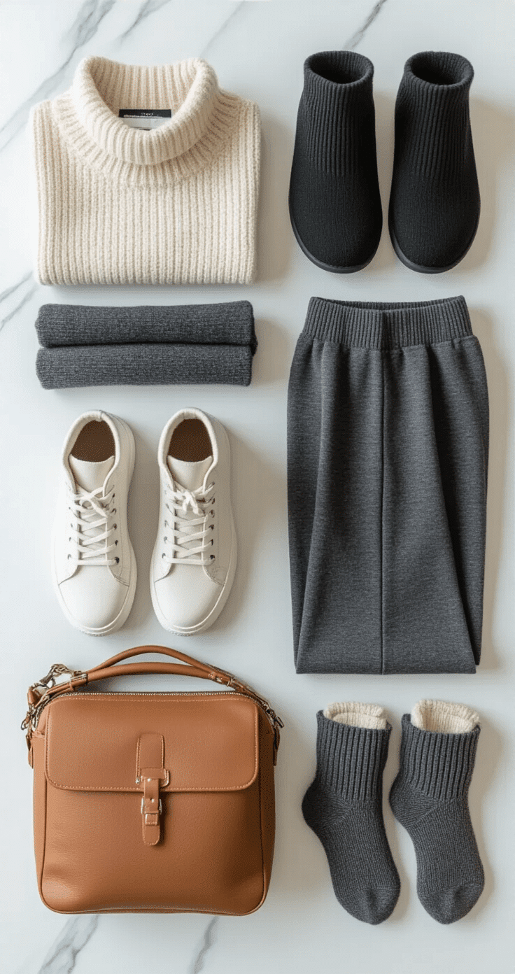Close-up of winter travel essentials on a white marble surface, featuring fleece-lined black leggings, wide-leg charcoal grey knit trousers, cream thermal merino wool base layers, white leather sneakers, black Chelsea boots, cozy neutral wool socks, and a cognac leather crossbody bag with visible travel documents, all captured in soft natural light.