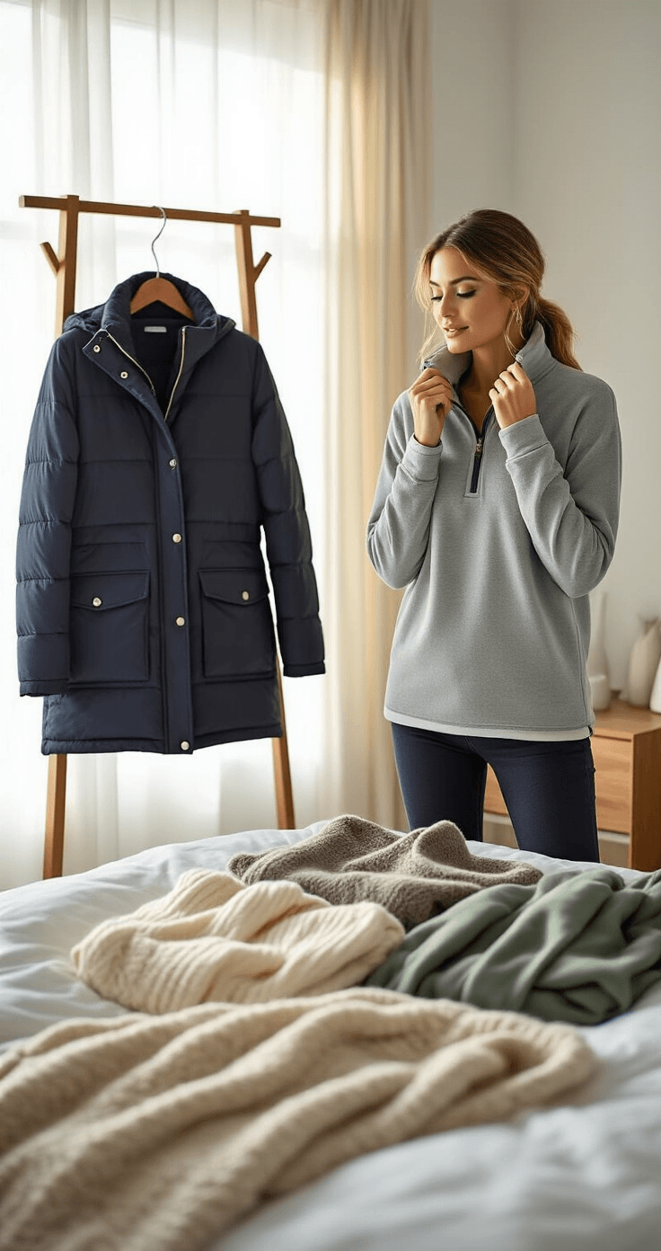 A stylish woman in a chic urban bedroom adjusts her thick oversized grey fleece pullover, with a luxurious navy down parka hanging nearby. Soft morning light filters through sheer curtains, illuminating neatly arranged winter layers on the bed, including a cream chunky knit cardigan, wool thermal base layers, and a sage green cashmere scarf.