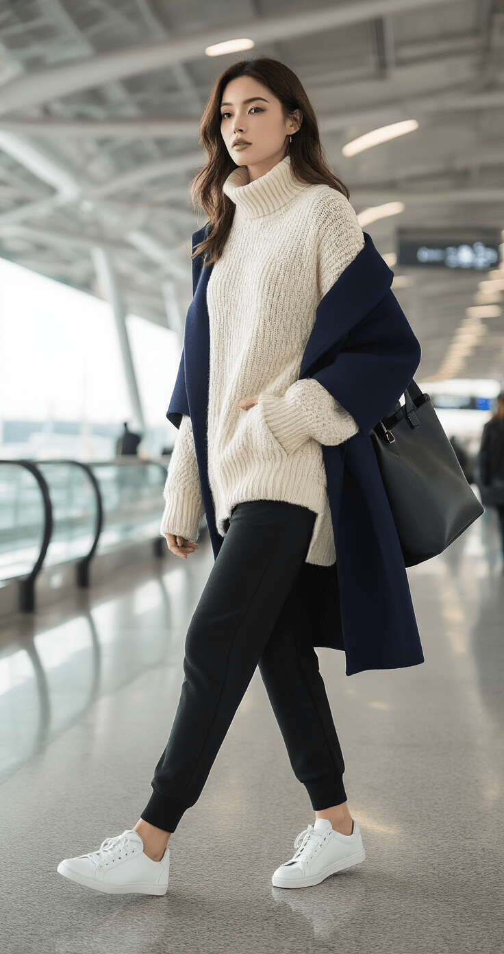 A confident woman walks through a modern airport concourse in polished street style, wearing black fleece-lined joggers, an oversized cream knit sweater, and a structured navy blue wool coat. She pairs her outfit with clean white leather sneakers, a structured black tote bag, and delicate gold jewelry. Captured from a low angle, the image emphasizes her purposeful stride and the elegant flow of her layered textures in soft midday light, showcasing comfort and chic style in a neutral color palette.