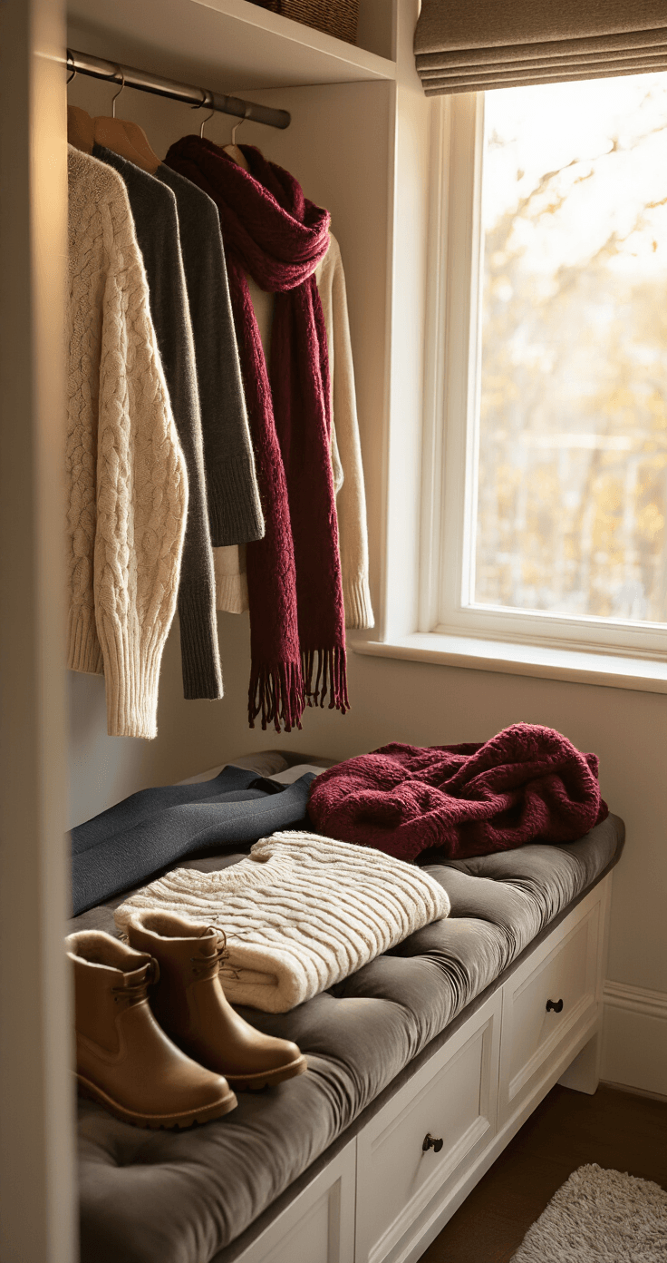 A sunlit walk-in closet features a cozy winter outfit laid out on a plush grey velvet bench, including thermal leggings, a merino wool base layer, a chunky cable-knit sweater, and brown leather ankle boots. A deep burgundy cashmere scarf and cold-weather accessories like wool socks and a camel knit beanie complete the travel ensemble, illuminated by warm golden hour light.