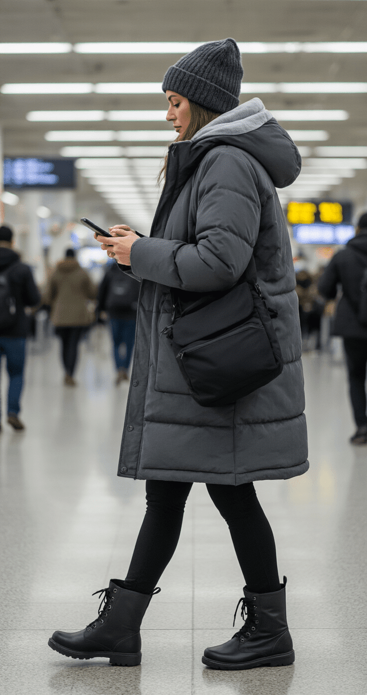 A woman in a busy airport terminal checks her phone, dressed in winter travel attire including fleece-lined black trousers, a thermal base layer, a thick grey hoodie, and a charcoal down-filled parka. She wears high-coverage black leather Chelsea boots and carries a durable black nylon crossbody bag. A simple charcoal wool beanie completes her polished look, with hand warmers visible in her coat pockets, highlighting her practical preparation for cold weather.