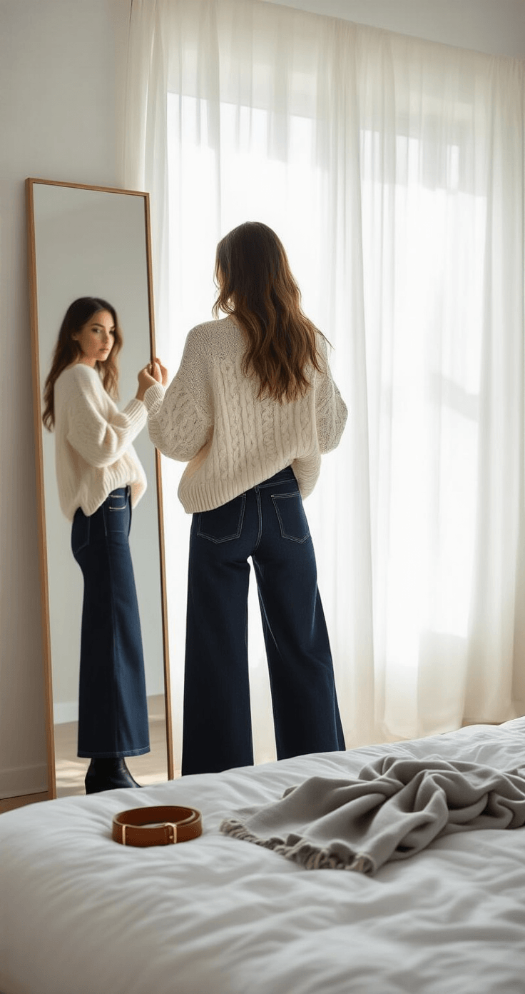 A young woman in a minimalist bedroom stands before a floor-length mirror, adjusting her cream cable knit sweater tucked into dark indigo wide leg jeans, with black ankle boots. Soft morning light filters through sheer curtains, highlighting a unmade white linen bed with styling options: a cognac leather belt, a chunky gold chain necklace, and a soft grey cashmere scarf. The scene reflects a warm neutral color palette with deep denim blue accents.