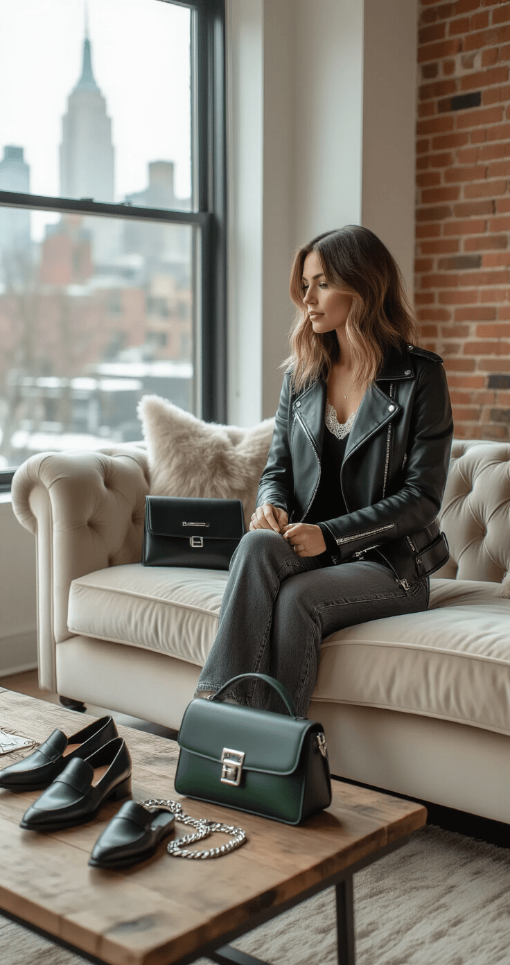 A woman styles her layered winter outfit in a cozy contemporary living room with exposed brick walls and winter city views, sitting on a plush cream sofa. She wears charcoal grey wide-leg jeans, a fitted black long-sleeve top, and a cropped black leather jacket. A rustic wood coffee table displays black loafers, silver jewelry, and a forest green crossbody bag. Warm ambient lighting enhances the textures of lace, leather, and denim.