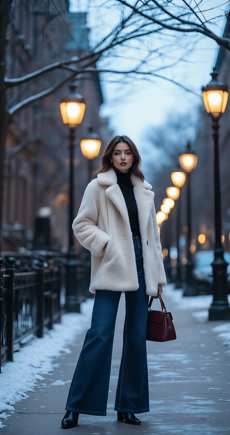 A confident woman in midnight blue wide leg jeans and a cropped cream faux fur coat stands on a tree-lined urban street at blue hour, with vintage lampposts casting warm light. She wears a fitted black merino wool turtleneck, sleek black ankle boots, and carries a structured burgundy handbag. The cold air is visible in her breath, with bare branches creating dramatic shadows against a deep navy, cream, and burgundy color palette. Shot with a 35mm lens, capturing luxurious textures in the evening ambiance.