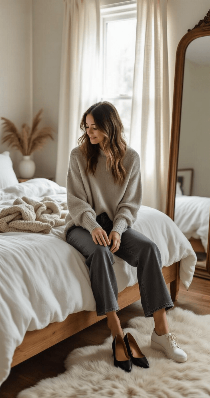 A woman sits on the edge of a wooden bed in a warm, inviting bedroom, trying on different shoes with her wide leg jeans and cashmere sweater, while soft natural light filters through gauze curtains. Various footwear options are arranged on a sheepskin rug, amidst winter accessories scattered on the bed.