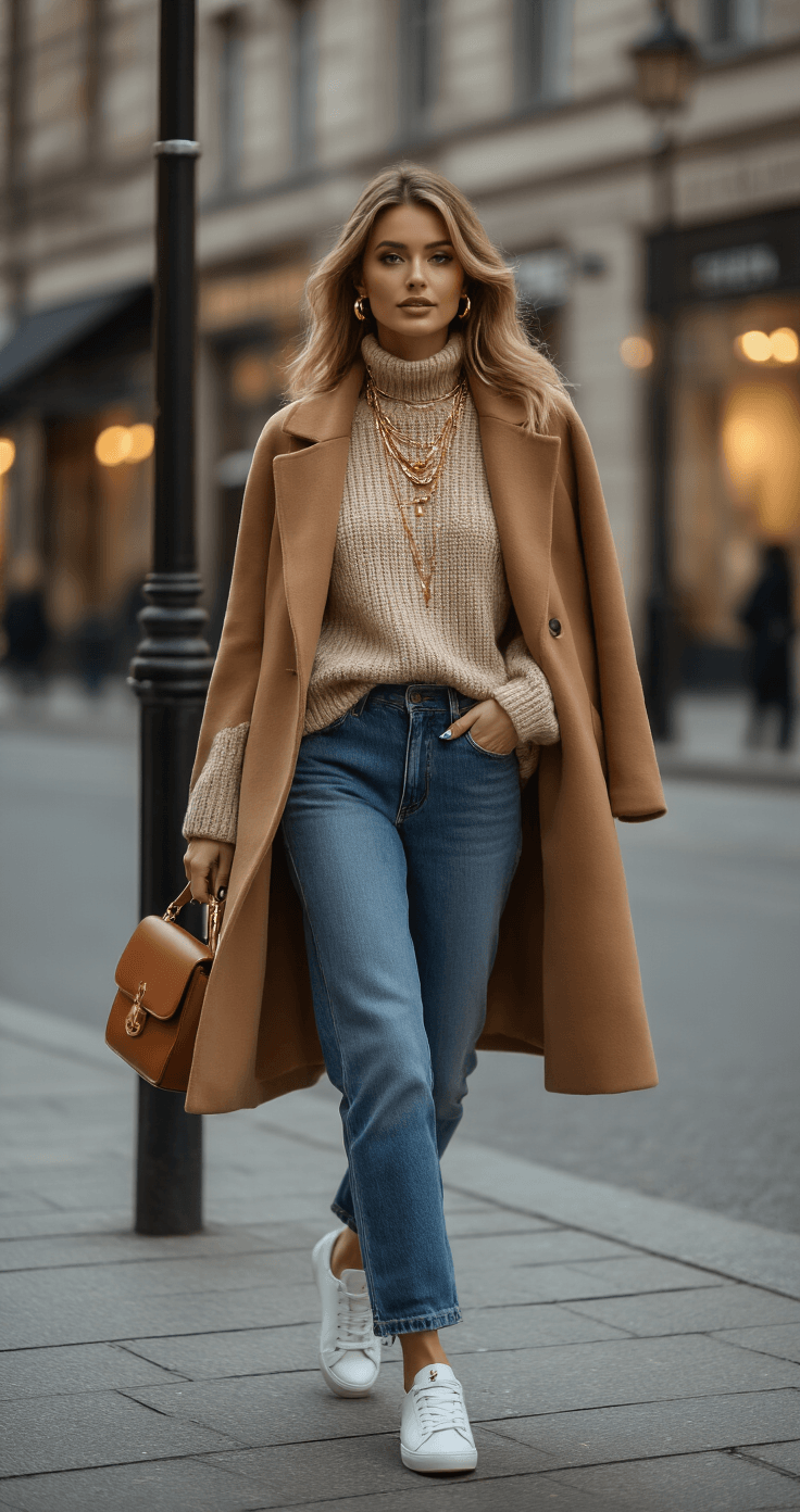 A fashionable woman in a stylish casual winter outfit, featuring high-waisted jeans, a chunky oatmeal cardigan, layered gold necklaces, and white leather sneakers, walks along a chic urban street corner during early evening. She has a structured camel wool coat draped over her shoulders and carries a cognac leather crossbody bag, while simple gold hoop earrings complete her look. The scene captures sophisticated street style with warm natural lighting.