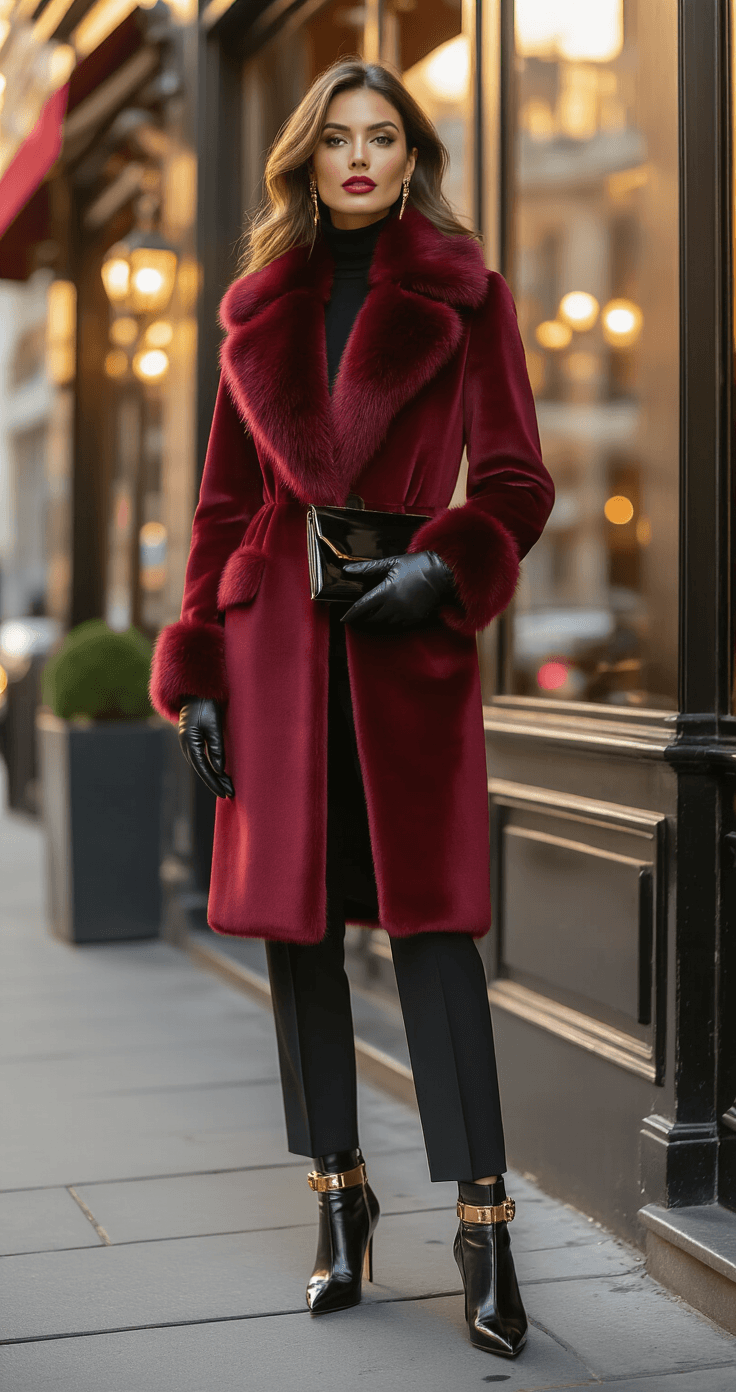 A fashionable woman in a burgundy faux-fur collar coat stands outside an upscale restaurant during golden hour, accessorized with black leather gloves, a sleek clutch, and heeled boots, against an urban evening backdrop with warm street lighting.