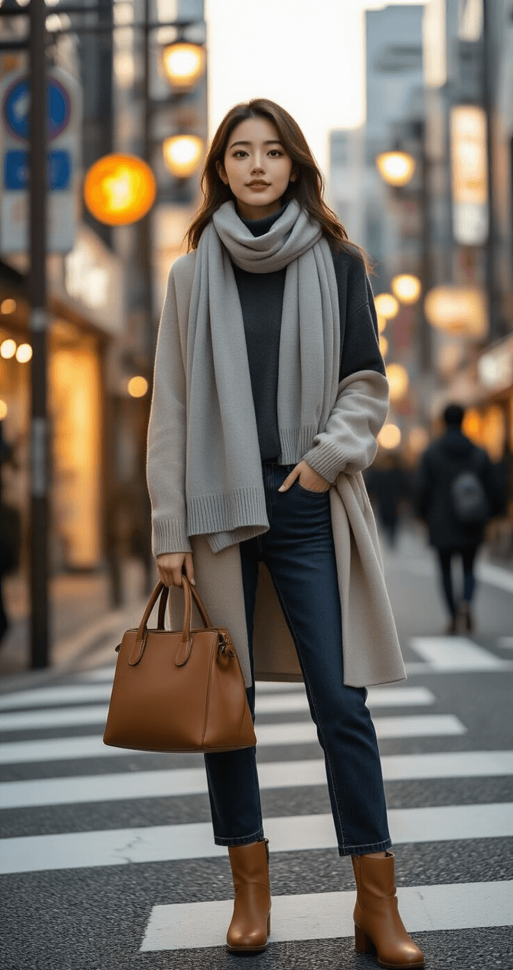 A young woman in stylish winter attire adjusts her coat on a busy Tokyo street corner during golden hour, with warm streetlamp light highlighting her cream HEATTECH base layer, charcoal wool turtleneck, and camel ankle boots amidst a bustling urban backdrop.