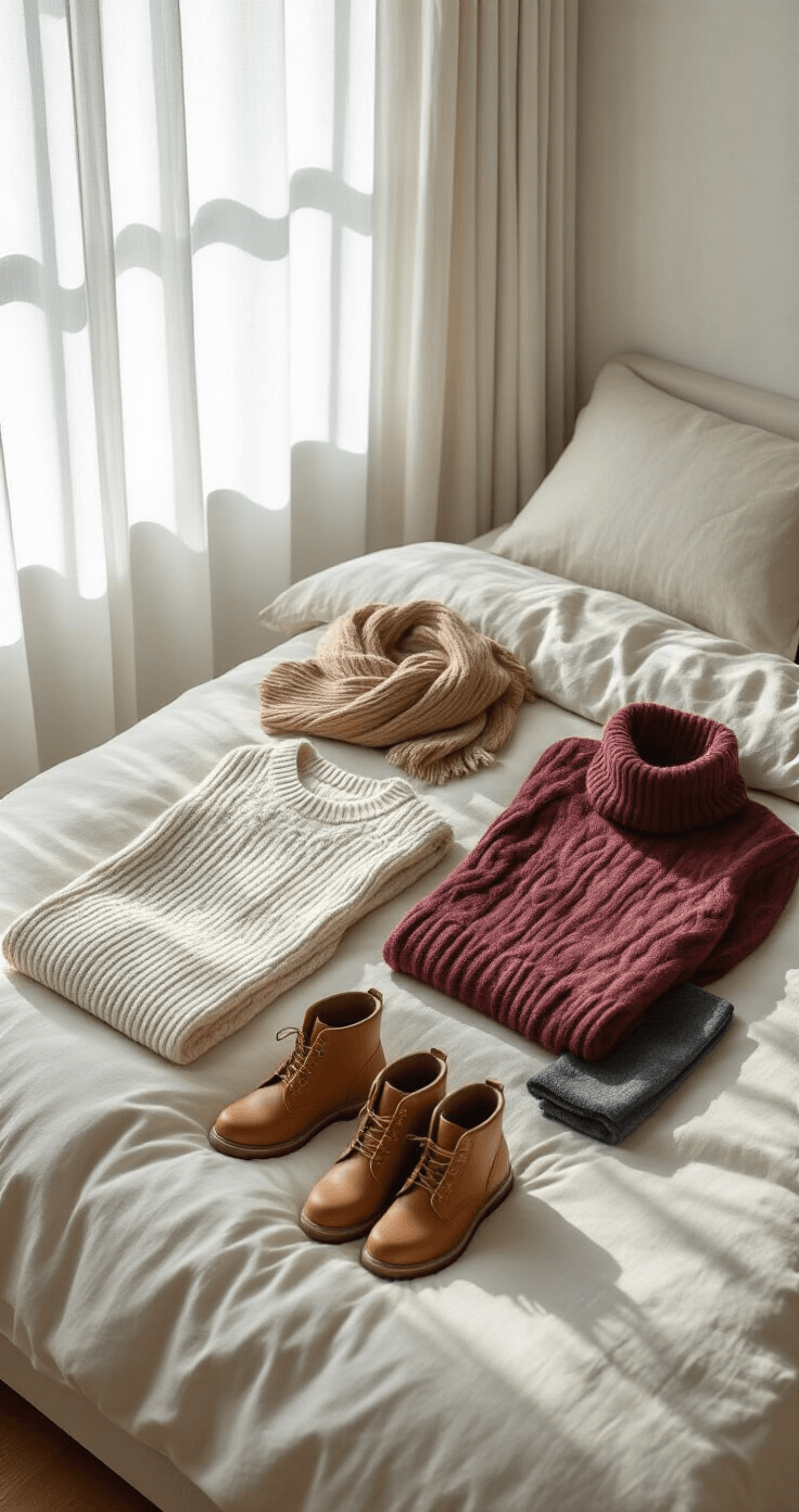 A minimalist Japanese bedroom bathed in soft morning light features a neatly arranged collection of winter clothing and accessories on a neutral linen bedspread, including ivory thermal layers, a dusty rose cable-knit sweater, burgundy corduroy pants, and charcoal fleece-lined tights, alongside cognac leather boots and a camel-toned wool scarf, with natural shadows highlighting the cozy textures.