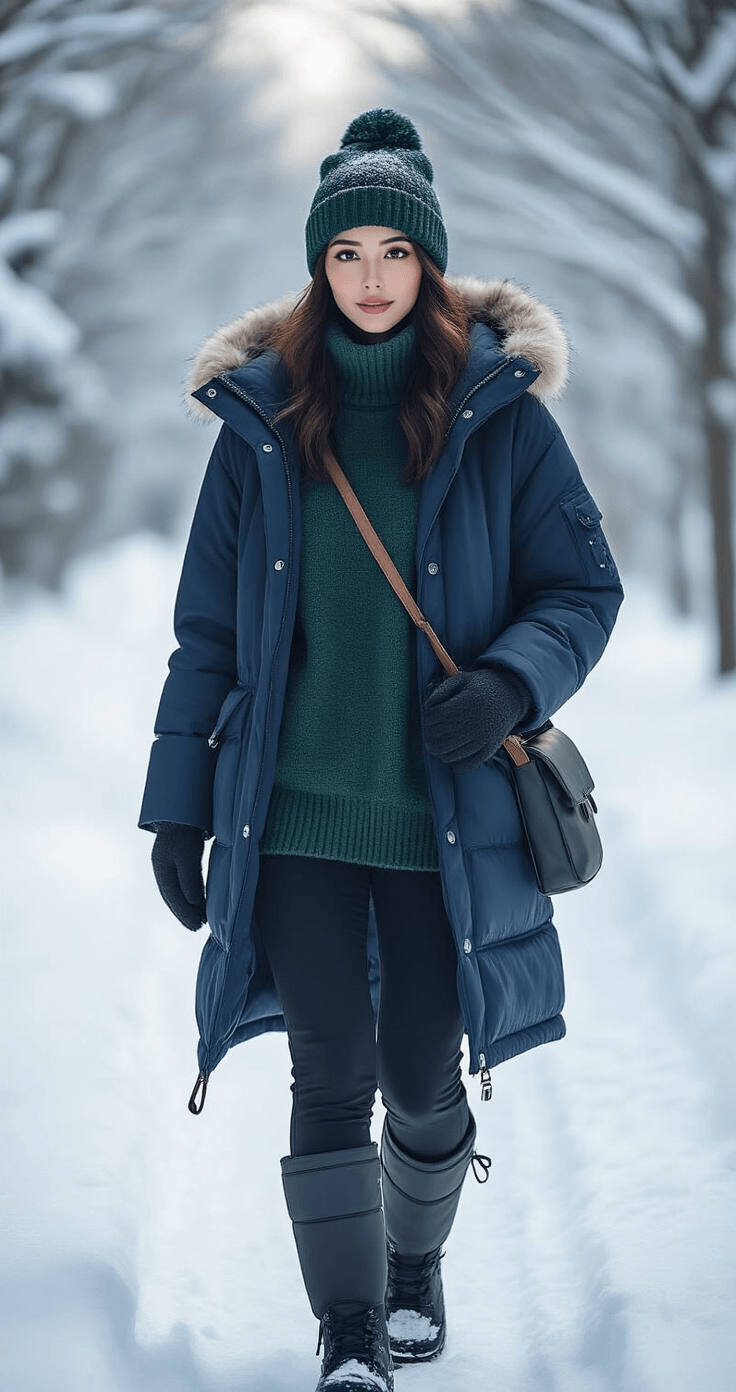 A fashion-forward woman confidently walks through a snow-covered path in Hokkaido, dressed in layered winter attire including a forest green fleece sweater, navy blue down-insulated parka, and black thermal snow pants, complemented by mid-calf insulated waterproof boots, a thick knit beanie, and waterproof gloves, with a weather-resistant crossbody bag and visible hand warmers in her coat pocket, set against a pristine snowy landscape in natural overcast light.