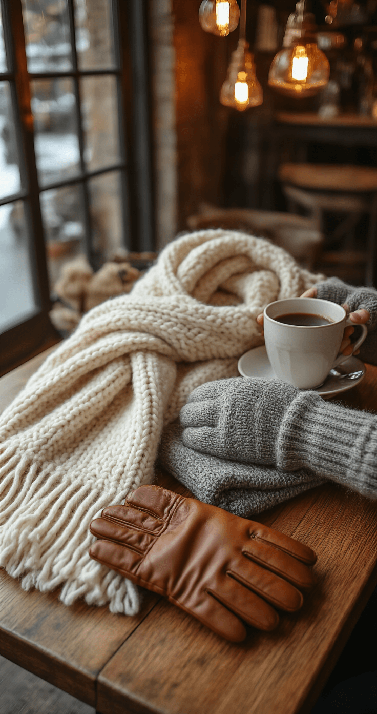 Close-up of winter accessories including a cream wool scarf, cognac brown leather gloves, a soft grey knit beanie, and merino wool thermal socks on a wooden café table, with a steaming cup of coffee and hands organizing the items, all in warm amber lighting.