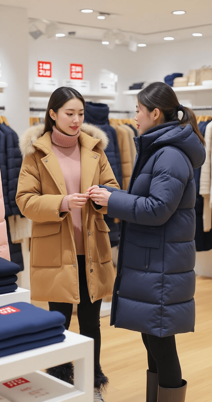 A woman tries on winter coats in a bright Uniqlo store, wearing a black thermal base layer and a dusty pink mock neck sweater, comparing a camel wool-blend coat and a navy puffer jacket, with HEATTECH displays and winter essentials nearby.