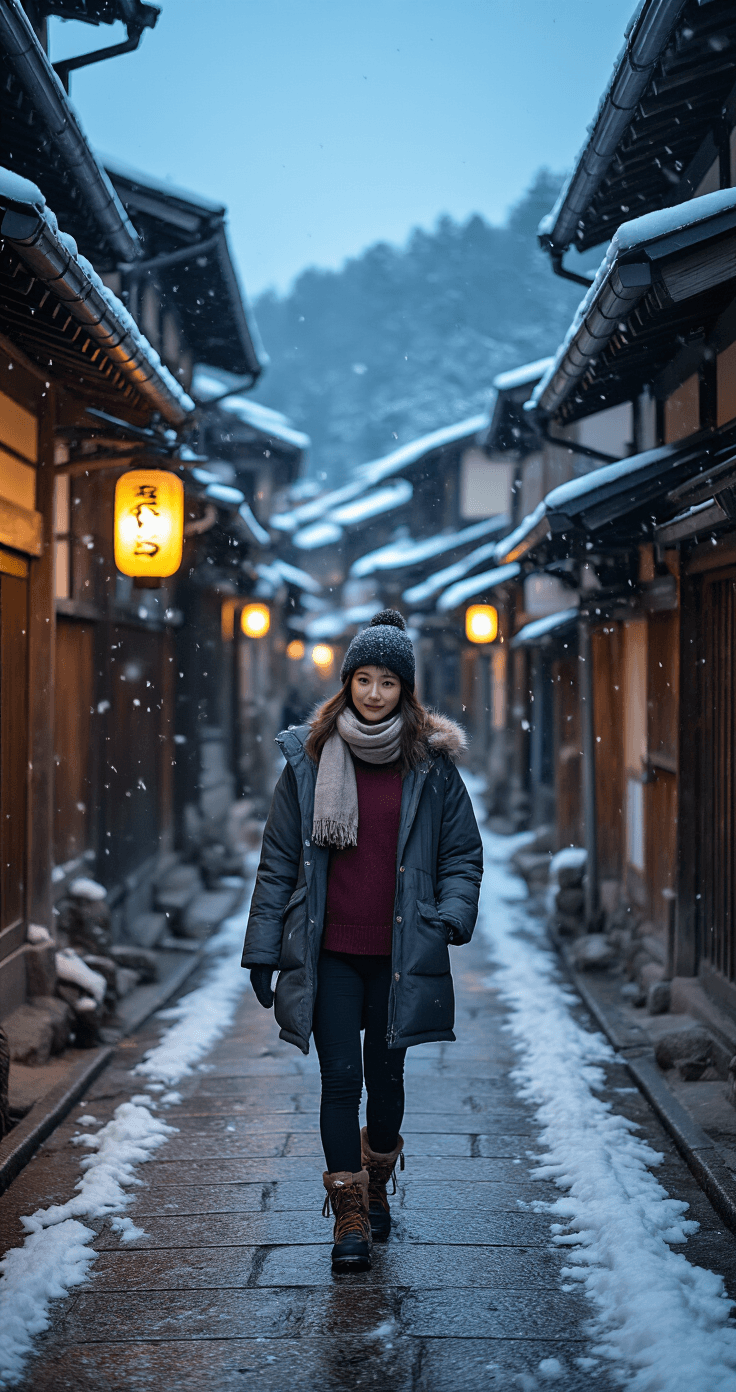 A woman walks through a snowy evening street in Ginzan Onsen, past traditional buildings illuminated by warm lantern light. She wears layered winter clothing, including a burgundy wool sweater, black waterproof snow pants, and a charcoal grey down parka, leaving footprints in the fresh snow, while her scarf shields her from the wind. The image captures the contrast between the warm glow of lanterns and the cool blue evening light, highlighting her weather-appropriate outfit and the historic surroundings.