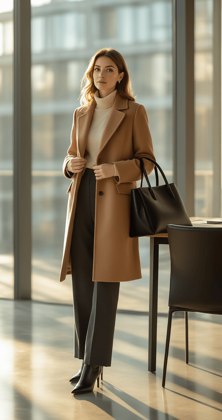 A confident woman in a camel wool coat and cream turtleneck stands in a modern office space with floor-to-ceiling windows, adjusting her coat's lapel as warm golden hour light bathes the polished concrete floor. A black leather tote bag rests on a chair nearby, adding to the sophisticated atmosphere.