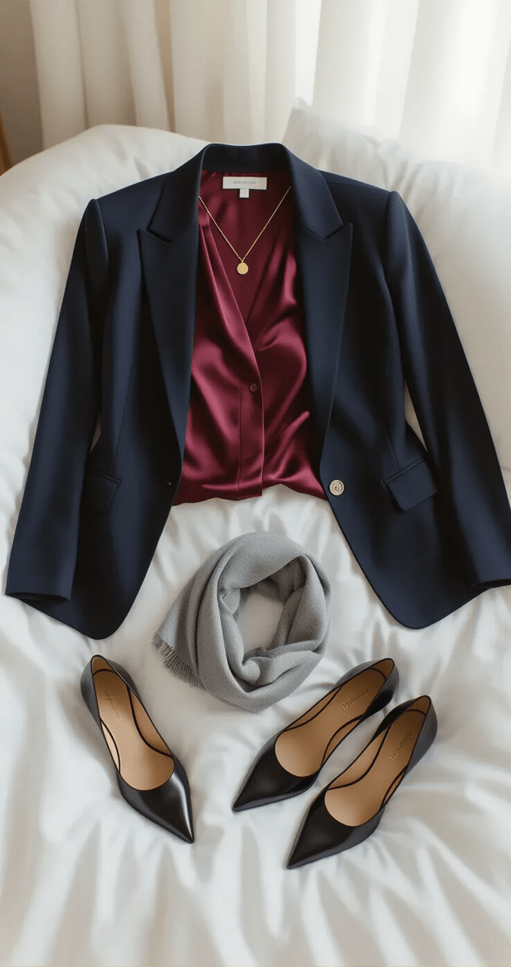 Close-up flat lay of a burgundy silk blouse, navy wool blazer, and black ponte trousers on white linen bedding, with a gold pendant necklace, black leather pumps, and a neutral gray cashmere scarf, all illuminated by soft morning light.