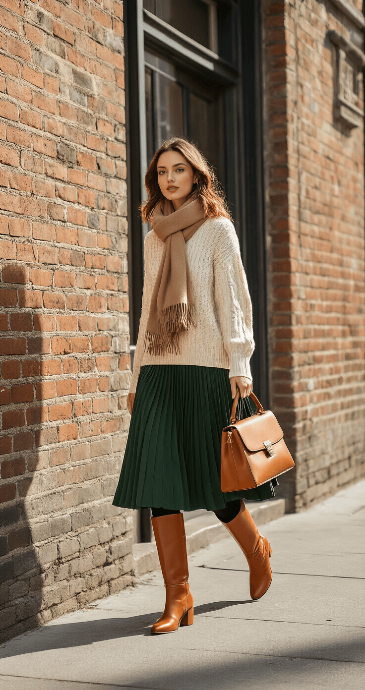 A stylish woman in a forest green pleated midi skirt and oversized cream cable-knit sweater walks confidently on a chic urban corner during midday, with bright natural lighting casting crisp shadows on weathered brick walls; she pairs her outfit with opaque black tights, cognac brown knee-high leather boots, a structured camel leather handbag, and a casually draped wool scarf, captured mid-stride from a low angle emphasizing her elegant silhouette.